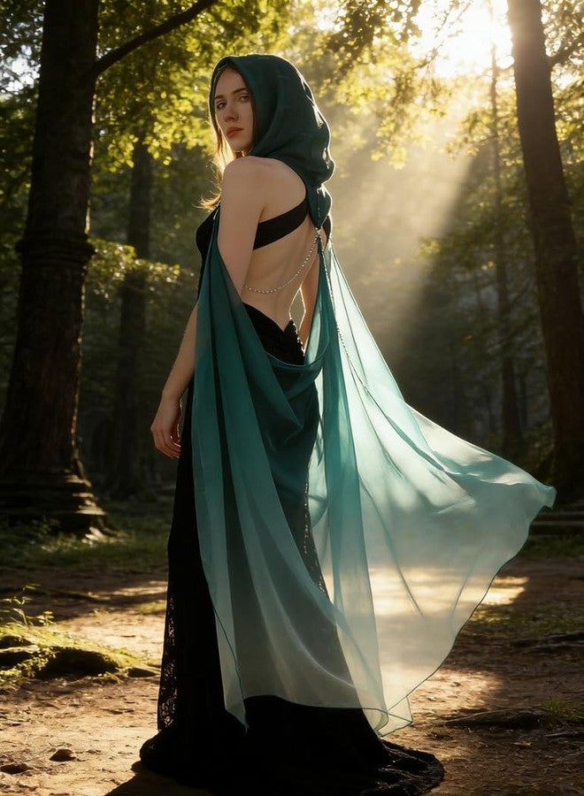 DAZCOS Women's Chiffon Hooded Cape Elf Sheer Cloak Tulle Bridal Off Shoudler Capelet (Green) - Image 4